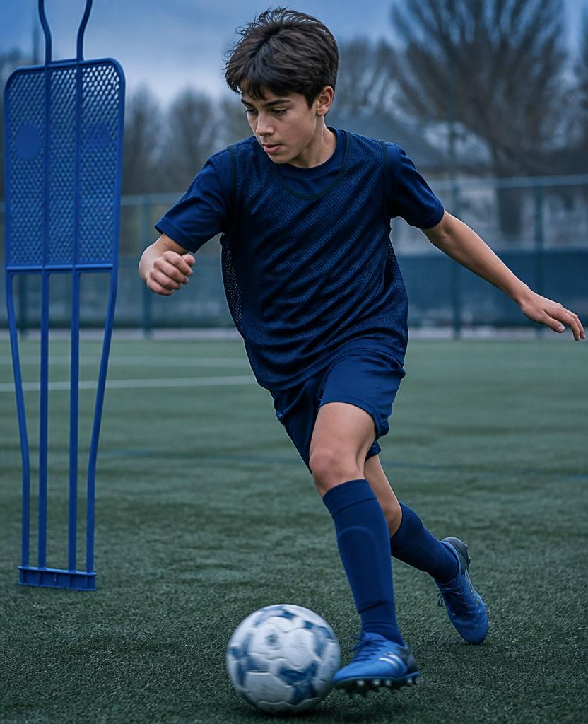 West Island FC Academy youth player in an intense solo dribbling drill, chasing the highest standard