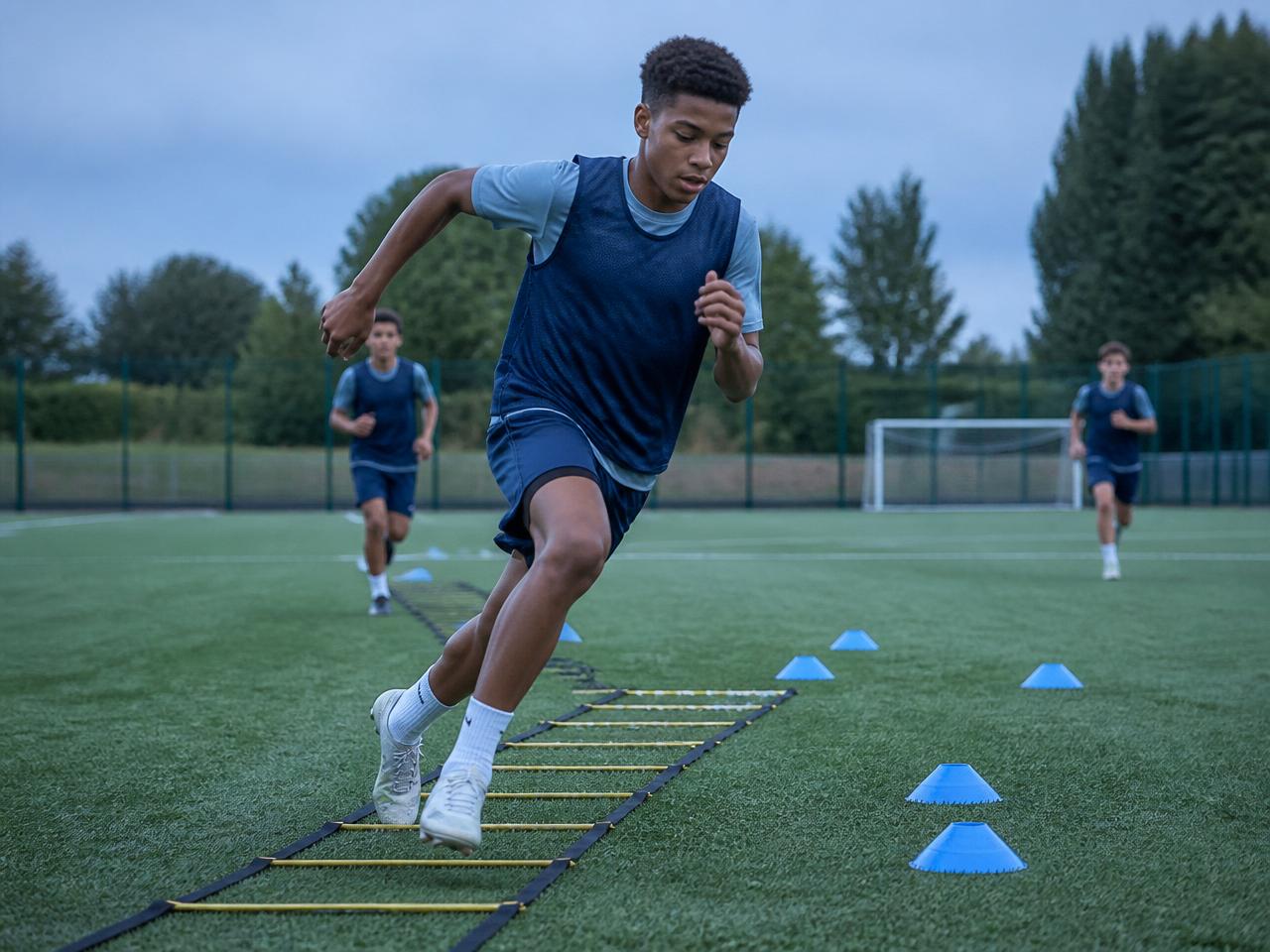 West Island FC Academy player mid-sprint through an agility ladder drill
