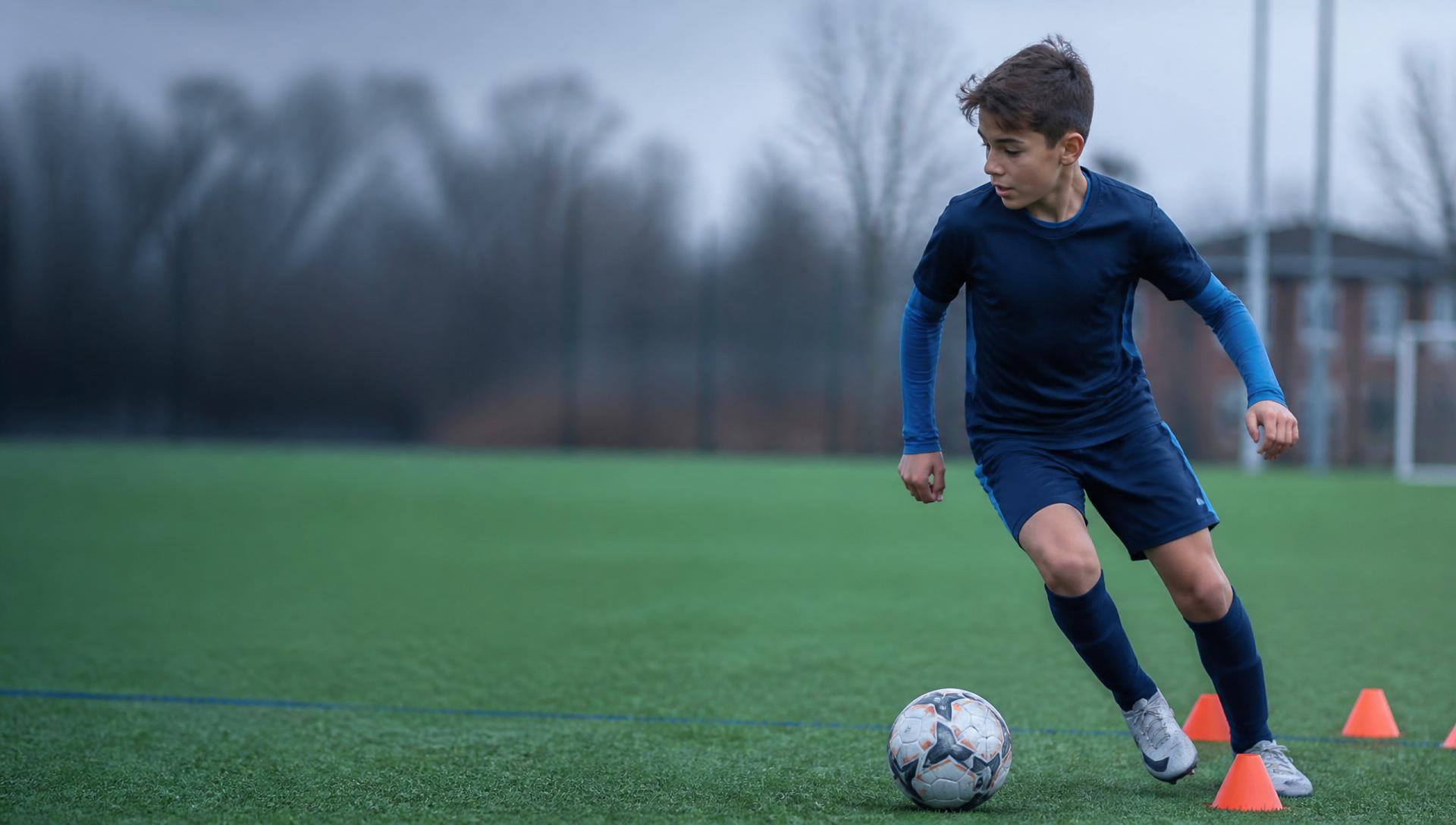 Young West Island FC Academy player dribbling through training cones on an outdoor pitch