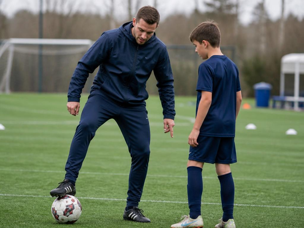 West Island FC Academy coach demonstrating technique one-on-one to a young player