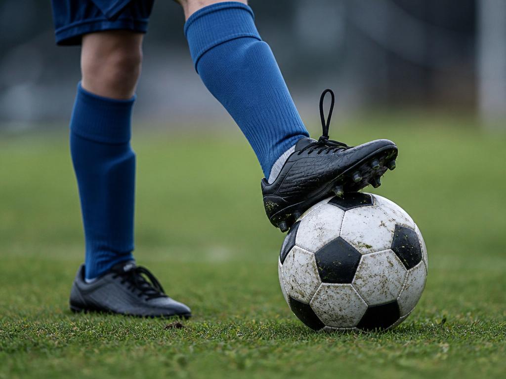 Close-up of a West Island FC Academy player's cleat resting on a soccer ball