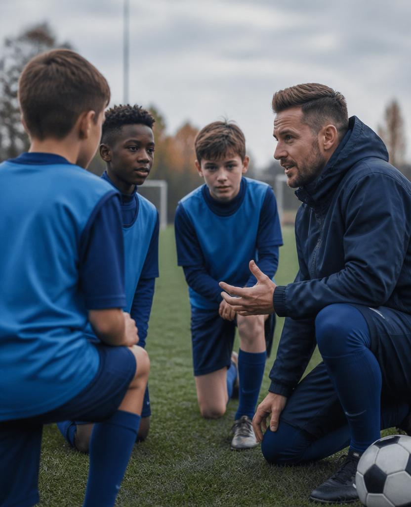 West Island FC Academy coach giving instruction to a small group of young players