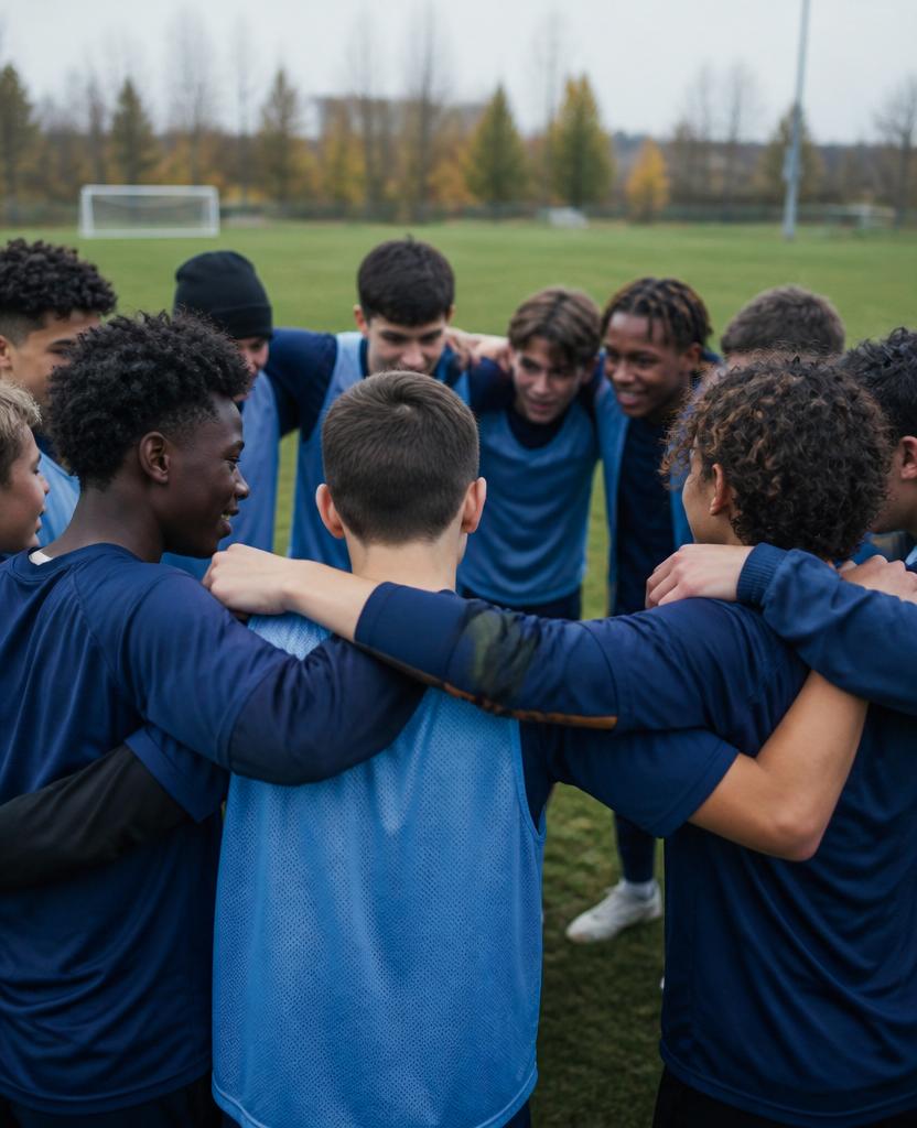 West Island FC Academy team huddle showing camaraderie after a training session