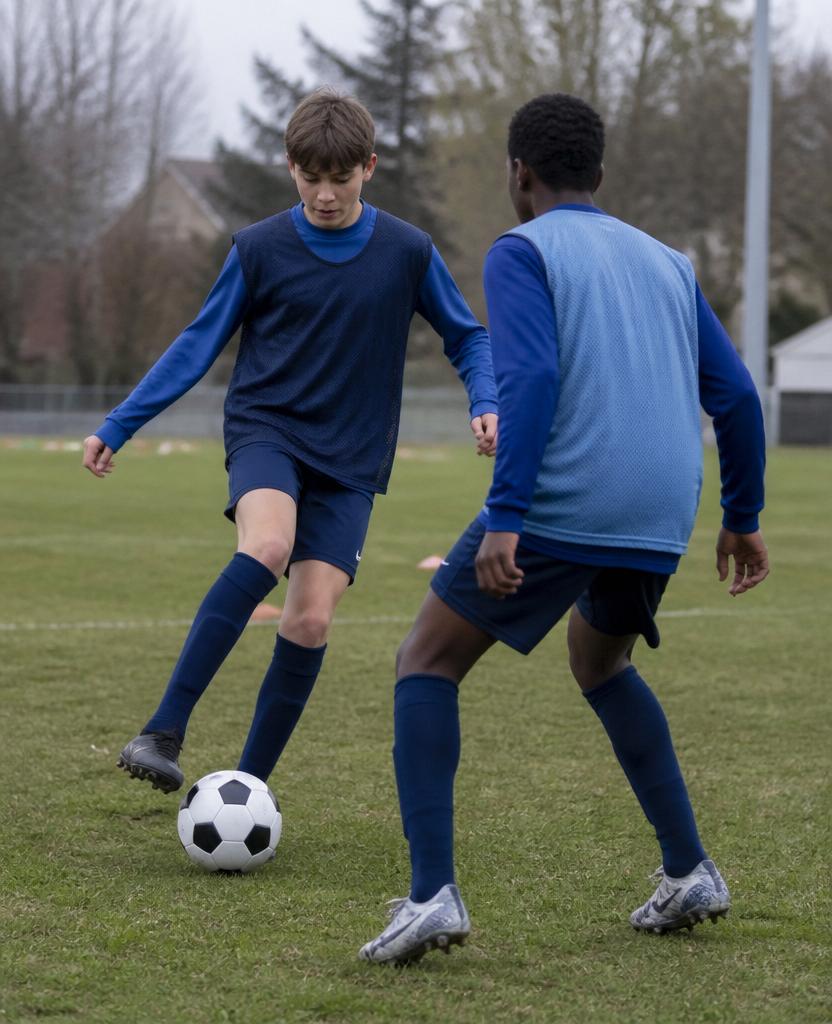 Two West Island FC Academy youth players in a technical passing drill on the pitch
